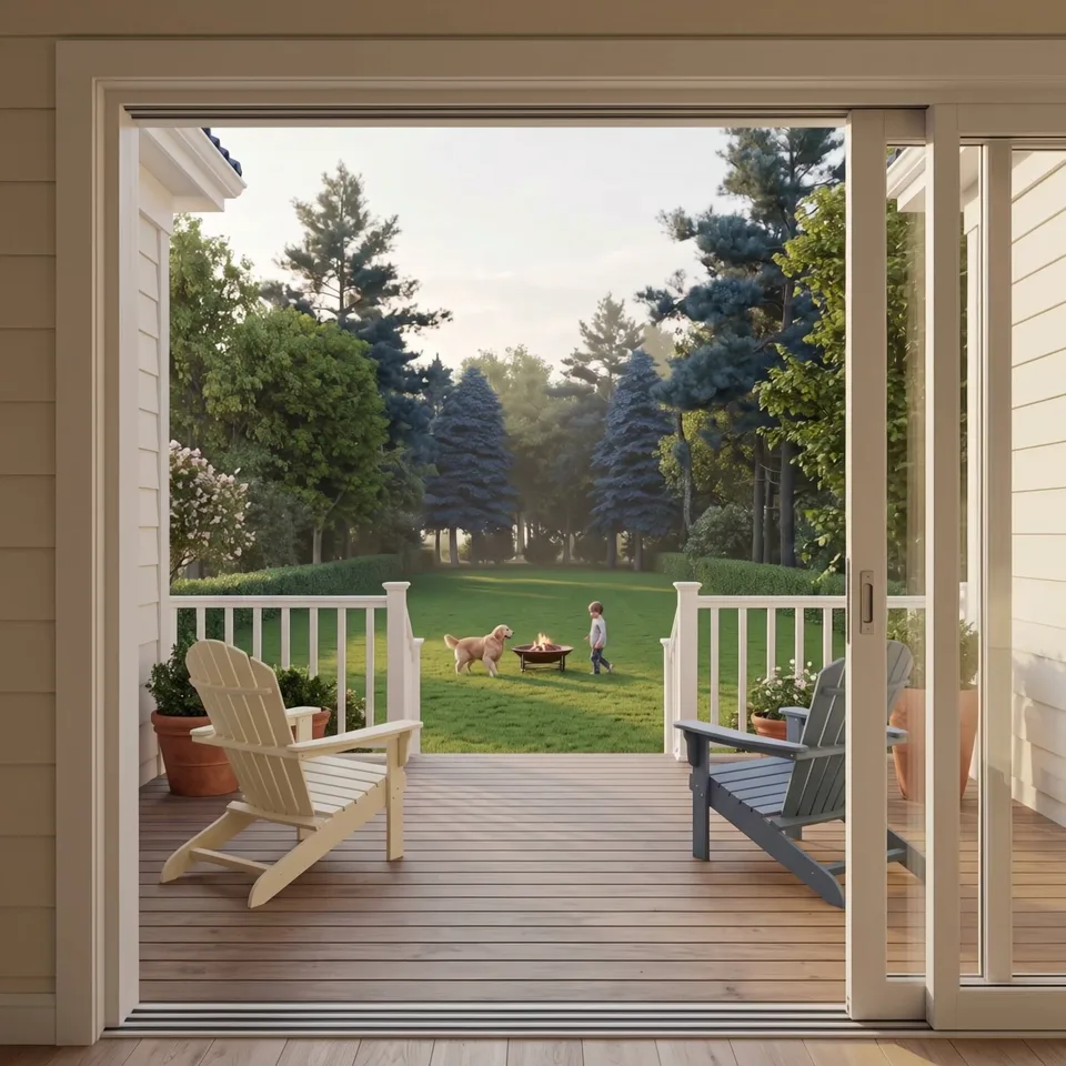 Deep private backyard with deck at Maple Place, Muskoka